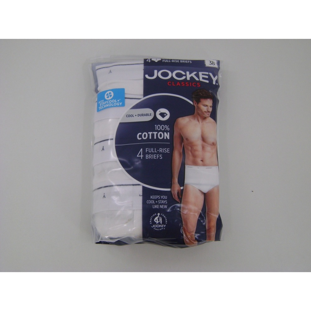 Jockey Classics Mens 4 Pack Full-Rise Briefs White 100% Cotton StayCool+ Size 38